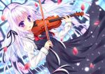  1girl bow_(instrument) dress instrument lavender_hair long_hair open_mouth original petals smile solo suzukawa_yui violet_eyes violin 