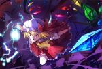  1girl ascot blonde_hair bow dress energy_ball fang flandre_scarlet hat hat_bow open_mouth puffy_sleeves red_dress red_eyes shirt short_sleeves solo touhou wings wrist_cuffs zhuxiao517 