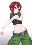  1girl belt brown_eyes kaibutsu_oujo matsuryuu midriff navel parted_lips redhead riza_wildman short_hair simple_background smile solo stretch white_background 