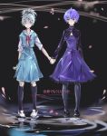  2girls ayanami_rei blue_hair chouette cosplay costume_switch crossover darker_than_black dress highres holding_hands kneehighs leggings multiple_girls neon_genesis_evangelion ponytail red_eyes school_uniform silver_hair violet_eyes yin 