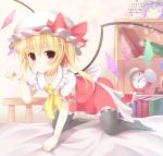  1girl :3 alarm_clock all_fours bed bedroom black_legwear blonde_hair calendar_(object) clock flandre_scarlet hat hat_ribbon indoors paw_pose pen-zin red_eyes remilia_scarlet ribbon short_hair side_ponytail smile solo thigh-highs touhou wings yukkuri_shiteitte_ne 