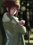  1girl akizuki_ritsuko brown_hair bukimi_isan bust checking_watch glasses idolmaster jacket payot short_hair solo 