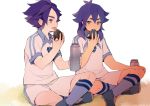  2boys ai5108 eating inazuma_eleven_(series) inazuma_eleven_go kishibe_taiga male multiple_boys purple_hair sitting soccer_uniform white_background 