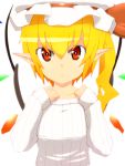  1girl blonde_hair flandre_scarlet hat hat_ribbon highres looking_at_viewer mantarou_(shiawase_no_aoi_tori) pointy_ears red_eyes ribbed_sweater ribbon short_hair side_ponytail simple_background solo sweater touhou white_background wings 