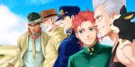  5boys beard black_hair dog facial_hair gakuran haato hat iggy_(jojo) jean_pierre_polnareff jojo_no_kimyou_na_bouken joseph_joestar kakyouin_noriaki kuujou_joutarou mohammed_avdol multiple_boys redhead school_uniform white_hair 