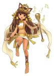  1girl animal_ears ankle_lace-up armlet barefoot bastet_(p&amp;d) bracer brown_eyes brown_hair cat_ears cross-laced_footwear crown dark_skin egyptian fang instrument jewelry long_hair midriff open_mouth puzzle_&amp;_dragons simple_background smile solo tiara yoshimo1516 