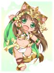  1girl animal_ears ankle_lace-up anklet barefoot bastet_(p&amp;d) brown_hair cat_ears cat_tail cross-laced_footwear crown egyptian fang green_eyes jewelry kuroneko_liger long_hair midriff open_mouth puzzle_&amp;_dragons solo tail 