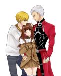  1girl 2boys archer blonde_hair brown_eyes brown_hair earrings fate/extra_ccc fate_(series) female_protagonist_(fate/extra) gilgamesh jewelry multiple_boys necklace red_eyes sono_o_o_o white_hair 