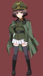  1girl akiyama_yukari brown_hair girls_und_panzer gloves hat highres jacket kairakuen_umenoka military military_uniform peaked_cap short_hair skirt solo thigh-highs uniform 