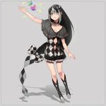  1girl black_hair blush bow breasts butterfly capelet choker cleavage dress erubo grey_background grey_eyes grey_hair hair_bow long_hair multicolored_hair navel navel_cutout original outstretched_arm shadow short_dress solo sparkle 