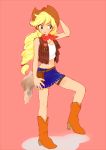 1girl applejack blonde_hair boots cowboy_hat food_themed_clothes freckles full_body green_eyes hand_on_hat hat long_hair low-tied_long_hair midriff miniskirt my_little_pony my_little_pony_friendship_is_magic no_nose personification pink_background side_glance skirt sleeveless solo thigh_strap tmrn vest 