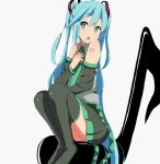  1girl aqua_hair detached_sleeves green_eyes hatsune_miku kaiman long_hair musical_note nail_polish necktie open_mouth sitting skirt solo thigh-highs twintails very_long_hair vocaloid white_background 