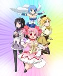  4girls :d abekawa akemi_homura black_hair blonde_hair blue_eyes blue_hair breasts bubble_skirt cape cleavage creature detached_sleeves drill_hair gloves hat kaname_madoka kyubey magical_girl mahou_shoujo_madoka_magica miki_sayaka multiple_girls open_mouth pantyhose parody pink_hair pleated_skirt red_eyes short_hair skirt smile standing thigh-highs tomoe_mami twin_drills twintails violet_eyes white_gloves yellow_eyes 