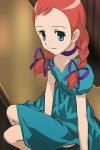  blue_eyes bow braid dress freckles hair_bow haruyama knees kuro_majo-san_ga_tooru!! morikawa_mizuhime orange_hair twin_braids 