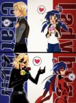  1boy 1girl ahoge animal_ears bag bell belt blonde_hair blue_eyes blue_hair blush bodysuit casual cat_ears cat_tail chat_noir confession crossed_arms expressive_hair fang felix_(miraculous_ladybug) flower green_sclera hair_ribbon heart heart_ahoge ladybug_(character) long_hair magical_girl marinette_cheng mask miraculous_ladybug over_shoulder polka_dot ribbon role_reversal rose shorts spoken_heart superhero tail tickets tom-ko_(kandumewars) twintails 