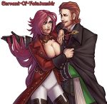  1boy 1girl beard blue_eyes breasts brown_eyes brown_hair caster_of_red cleavage clothes_grab coat facial_hair fate/apocrypha fate/extra fate_(series) gloves hand_in_hair pink_hair renaissance_clothes rider_(fate/extra) scar servant_of_fate smile toggles watermark web_address 