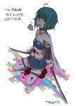  1girl blood blue_eyes blue_hair cape dual_wielding english highres injury kneeling magical_girl mahou_shoujo_madoka_magica miki_sayaka short_hair skirt solo sword tagro tears thigh-highs weapon 