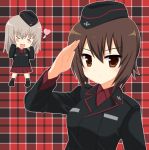  &gt;_&lt; 2girls blush borubomu brown_hair chibi girls_und_panzer hat heart itsumi_erika long_hair military military_uniform multiple_girls nishizumi_maho salute short_hair uniform 