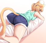  1girl ahoge animal_ears bare_legs bare_shoulders barefoot blonde_hair blue_eyes breasts cat_ears cat_tail original short_shorts shorts sideboob solo tail tonpuu twintails white_background 