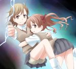  2girls biribiri brown_eyes brown_hair coin electricity hug long_hair ma_tsukasa misaka_mikoto multiple_girls school_uniform shirai_kuroko short_hair to_aru_kagaku_no_railgun to_aru_majutsu_no_index twintails 