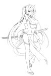  1girl female flip-flops horns long_hair monochrome pcmaniac88 pointy_ears sandals solo sword thigh-highs twintails weapon 