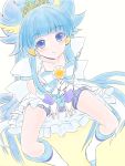  1girl aoki_reika blue_eyes blue_hair boots bow colored cure_beauty earrings hair_tubes highres jewelry long_hair looking_at_viewer mits_(m33) precure princess_form_(smile_precure!) shorts_under_skirt sitting skirt smile smile_precure! solo tiara very_long_hair 