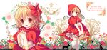  1girl basket bee bow bread cape capelet fang flandre_scarlet flower food hair_bow hood konominoco little_red_riding_hood looking_at_viewer mushroom open_mouth rabbit red_eyes shirt side_ponytail skirt smile solo thigh-highs touhou tree v_arms vines white_legwear wine wolf zettai_ryouiki 