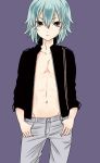  1boy abs aisakaoto green_hair inazuma_eleven_(series) inazuma_eleven_go kariya_masaki looking_at_viewer male navel open_clothes short_hair simple_background solo standing yellow_eyes 