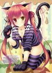  1girl absurdres animal_ears blush breasts cat_ears cat_tail cleavage dated hair_ribbon heterochromia highres long_hair looking_at_viewer original paws red_eyes redhead ribbon smile solo striped striped_legwear tagme tail tail_ribbon takano_yuki_(allegro_mistic) thigh-highs twintails yellow_eyes 