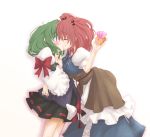  2girls blue_eyes blush closed_eyes coin gift green_hair hair_bobbles hair_ornament kiss multiple_girls onozuka_komachi redhead ribbon shikieiki_yamaxanadu tassel touhou twintails 