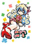  +_+ 1girl armlet bracelet flower hair_flower hair_ornament high_heels highres jewelry lying multicolored_hair nia_teppelin panty_&amp;_stocking_with_garterbelt parody shoes sketch skirt smile solo style_parody symbol-shaped_pupils tagro tengen_toppa_gurren_lagann two-tone_hair 