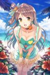  1girl beach blue_sky bow breasts brown_hair choker cleavage clouds collarbone earrings flower hair_bow hands_on_thighs heart heart_earrings jewelry kichiroku layered_skirt leaning_forward long_hair looking_at_viewer love_live!_school_idol_project minami_kotori navel ocean open_mouth see-through short_shorts shorts sky solo suspenders wrist_cuffs yellow_eyes 