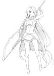  1girl bare_shoulders long_hair midriff monochrome pcmaniac88 pointy_ears solo sword weapon 