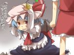  2girls alternate_costume ascot bat_wings blue_hair capelet cosplay cowering fang flandre_scarlet gaoo_(frpjx283) izayoi_sakuya izayoi_sakuya_(cosplay) multiple_girls open_mouth red_eyes remilia_scarlet short_hair sitting skirt skirt_set tears touhou translation_request trembling wariza wings 