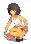  1girl black_hair girls_und_panzer gloves green_eyes hoshino_(girls_und_panzer) naav overalls short_hair simple_background smile solo tank_top white_background white_gloves wrench 