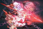  1girl bat_wings blue_hair chain fighting_stance hat hat_ribbon kumio looking_at_viewer moon red_eyes red_moon remilia_scarlet ribbon short_hair skirt skirt_set solo spear_the_gungnir touhou wings wrist_cuffs 