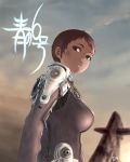  1girl airplane bodysuit breasts brown_eyes brown_hair cloudy_sky copyright_request large_breasts looking_back pilot_suit short_hair solo thomas_hewitt 