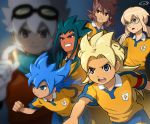  6+boys big blonde_hair blue_hair brown_hair clara_jane fei_rune fusion glasses goggles goggles_on_head green_eyes green_hair grin inazuma_eleven_(series) inazuma_eleven_go inazuma_eleven_go_chrono_stone jeanne_d&#039;arc_(inazuma_eleven) king_arthur_(inazuma_eleven) kirino_ranmaru long_hair male matsukaze_tenma mizuhara_aki multiple_boys oda_nobunaga open_mouth raimon red_eyes saryuu_evan shindou_takuto short_hair smile soccer_uniform twintails white_hair zanak_abalonic 