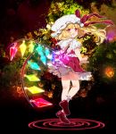  1girl ascot backless_outfit blonde_hair bloomers capelet flandre_scarlet glowing glowing_wings hat hat_ribbon looking_at_viewer open_mouth pink_eyes poko_(mammypoko) ribbon shirt side_ponytail skirt skirt_set smile solo touhou turning underwear vest waves wind_lift wings 