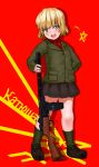  1girl blonde_hair blush fang girls_und_panzer green_eyes gun katyusha loafers military military_uniform ppsh-41 satsuki_neko shoes smile solo submachine_gun tagme translated uniform weapon 