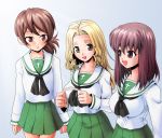  3girls alternate_clothing blonde_hair blush breasts brown_eyes brown_hair girls_und_panzer hairband kamishima_kanon kawanishi_shinobu kondou_taeko large_breasts lon_hair multiple_girls ponytail sasaki_akebi school_uniform smile 