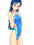  1girl blue_hair brown_eyes competition_swimsuit highres idolmaster kaimu_(pixiv) kisaragi_chihaya long_hair one-piece_swimsuit swimsuit 