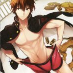  boxers brown_eyes brown_hair clothes_removed fate/extra_ccc fate_(series) highres jacket_on_shoulders male_protagonist_(fate/extra) mu_tation navel shoes_removed underwear 