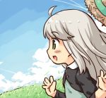  1girl :d blush clouds grass green_eyes happy hat long_hair lowres mizuno_mumomo open_mouth original profile running silver_hair sky smile solo straw_hat 
