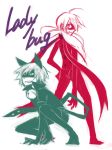  1boy 1girl ahoge animal_ears back-to-back bell bodysuit cat_ears cat_tail chat_noir felix_(miraculous_ladybug) ladybug_(character) long_hair magical_girl marinette_cheng mask miraculous_ladybug polka_dot spot_color squatting sui_junk superhero tail title_drop twintails 