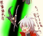  1boy 2girls arin66 belt black_legwear blazblue coat fedora fingerless_gloves genderswap gloves green_eyes green_hair hat hazama heterochromia high_kick kicking long_coat long_hair lost_saga multiple_girls necktie open_mouth ragna_the_bloodedge red_eyes short_hair silver_hair skirt surprised sweatdrop thigh-highs translation_request very_long_hair 