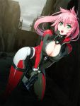  1girl :o absurdres amanda_werner blassreiter bodysuit breasts cleavage green_eyes gun handgun highres large_breasts long_hair nishii_(nitroplus) open_mouth pink_hair pistol running scan solo weapon zipper 