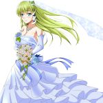  1girl bare_shoulders blue_eyes bouquet breasts bridal_veil bride cleavage dress elbow_gloves flower frog_hair_ornament gloves green_hair hair_ornament highres jewelry kochiya_sanae long_hair necklace smile snake_hair_ornament solo touhou veil wedding_dress 