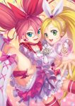  2girls blonde_hair blue_eyes bow brooch carrying choker cure_melody cure_rhythm frills green_eyes heart houjou_hibiki jewelry long_hair looking_at_viewer magical_girl majicjiang midriff minamino_kanade multiple_girls pink_hair precure princess_carry ribbon smile suite_precure thigh-highs twintails 