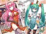  2girls blue_eyes bracelet china_dress chinese_clothes detached_sleeves elbow_gloves gloves green_eyes green_hair halodark hatsune_miku jewelry long_hair megurine_luka multiple_girls project_diva project_diva_f thighhighs twintails very_long_hair vocaloid wink world&#039;s_end_dancehall_(vocaloid) 